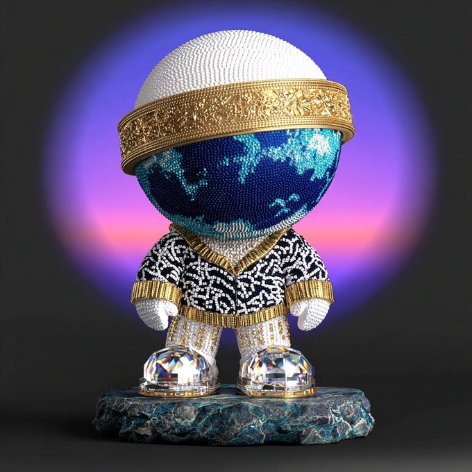 An ornate, jewel-encrusted figurine with an Earth-patterned head wearing a golden headpiece stands on a crystal-like base against a glowing purple background.