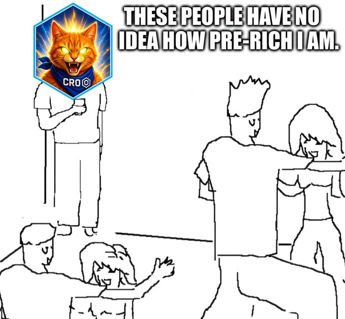 A meme depicting a regal orange cat with a 'CRO' hexagonal shield on its head looking down at oblivious people, captioned 'THESE PEOPLE HAVE NO IDEA HOW PRE-RICH I AM.'