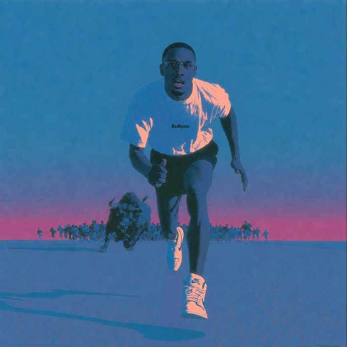 A stylized illustration shows a man wearing a 'Bullpen' t-shirt running across a vast landscape with a bull charging behind him, rendered in vibrant pink and blue tones.