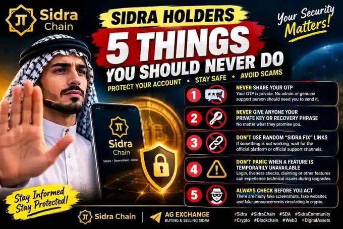 Infographic for 'Sidra Chain' listing '5 Things You Should Never Do' to protect your account, including warnings about sharing OTP, private keys, random links, and fake screenshots, with hashtags #Sidra, #SidraChain, and #SDA.