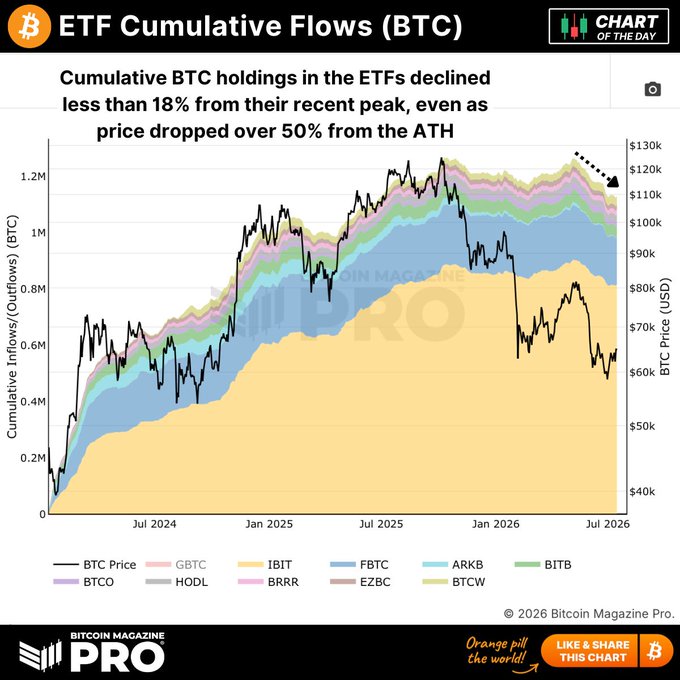 The image is a stacked area chart titled "ETF Cumulative Flows (BTC)" showing cumulative Bitcoin holdings across major spot ETFs (GBTC, IBIT, FBTC, ARKB, BITB, BTCO, HODL, BRRR, EZBC, BTCW) from mid-2024 through July 2026, with IBIT (orange) representing the dominant share of holdings. Overlaid is a black BTC price line illustrating the ~50% drawdown from the all-time high around $130K, while ETF holdings only declined less than 18% from peak—visually supporting the post's claim that institutional ETF investors have shown remarkable resilience and conviction compared to price action.