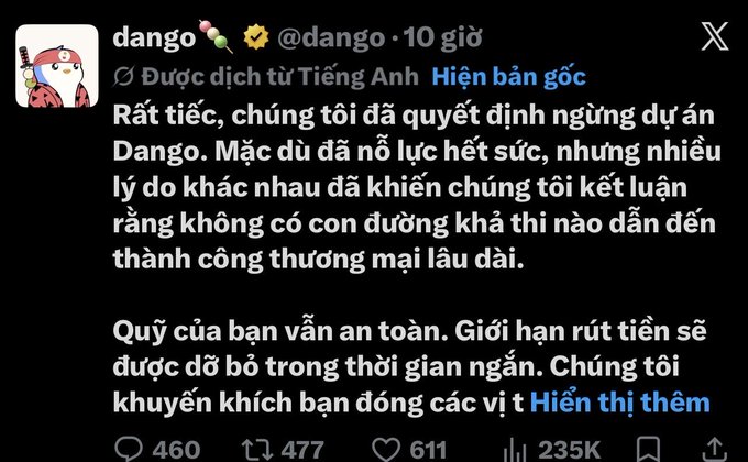 A translated tweet from user @dango announcing the shutdown of the Dango project, with 460 replies, 477 reposts, 611 likes, and 235K views.