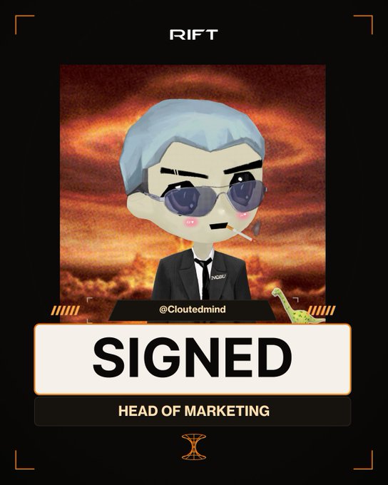 A digital card featuring a cartoon avatar with silver hair and sunglasses smoking a cigarette, labeled 'RIFT' at the top and 'SIGNED - HEAD OF MARKETING' with the handle '@Cloutedmind' at the bottom.
