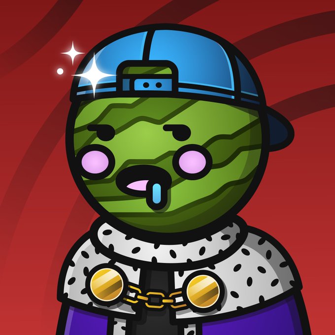 A cartoon-style character resembling a watermelon wearing a blue backwards cap, a fur-lined royal cape with gold accents, and a chain, set against a red background.