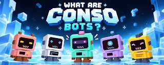 A colorful promotional graphic asking 'WHAT ARE CONSO BOTS?' featuring five blocky retro game console-shaped robot characters (red, white, green, purple, black) on a blue geometric background.