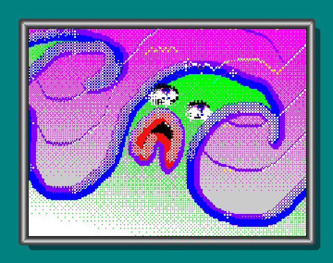 A retro pixel art image shows a distorted, colorful cartoon face with a large open mouth and bulging eyes rendered in a halftone dot pattern within a framed border.