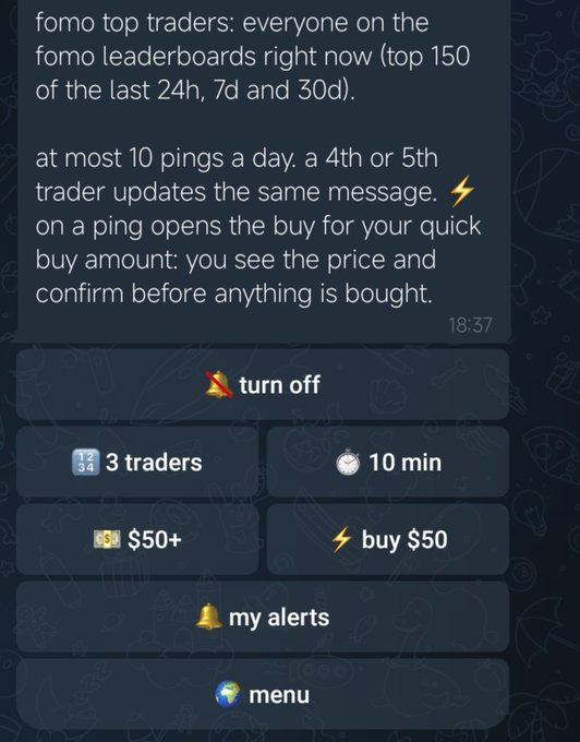 Telegram bot interface for 'fomo top traders' with buttons including 'turn off', '3 traders', '10 min', '$50+', 'buy $50', 'my alerts', and 'menu'.