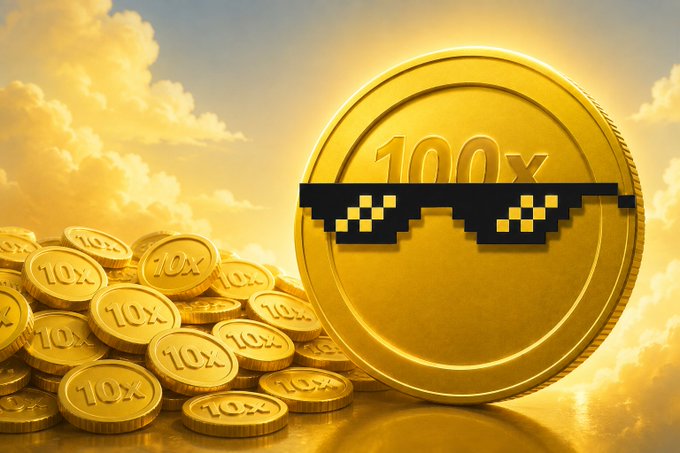 A large golden coin labeled "100x" wearing pixelated sunglasses stands out from a pile of smaller golden coins labeled "10x," visually representing the idea of a significant outperformer in a sea of average investments.
