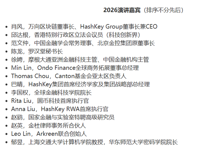 A Chinese-language slide titled '2026演讲嘉宾' (2026 Speakers) lists names and titles including 肖风 (HashKey Group CEO), 邱达根, 范文仲, and others, with a note that the order is not chronological.