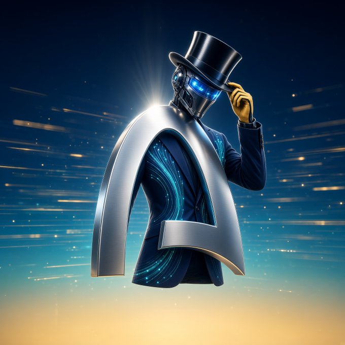 A robotic figure wearing a black top hat and a suit with glowing blue patterns, holding the brim of its hat against a starry blue background.