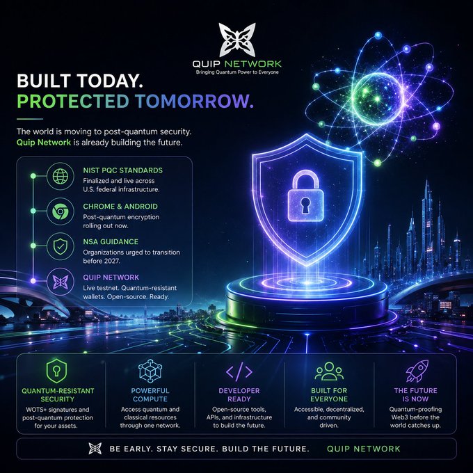 An infographic for 'Quip Network' promoting quantum-resistant security, featuring a glowing shield and atom icon, with features like 'NIST PoC Standards', 'Chrome & Android', 'NSA Guidance', and 'Quip Network' testnet, plus tags 'Quantum-Resistant Security', 'Powerful Compute', 'Developer Ready', 'Built for Everyone', 'The Future is Now'.
