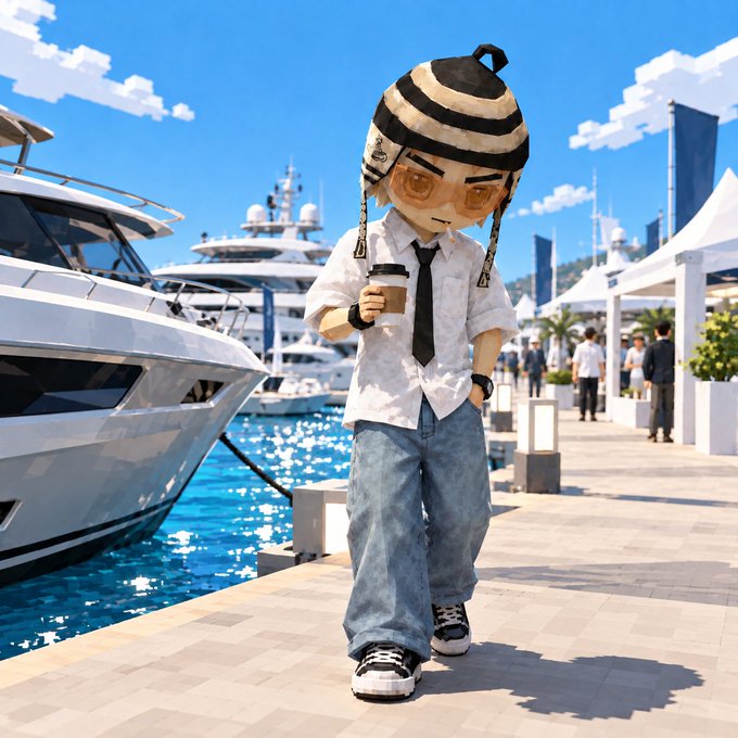A 3D-rendered cartoon character wearing a striped beanie, white shirt, tie, and baggy jeans holds a coffee cup on a sunny marina dock with yachts.
