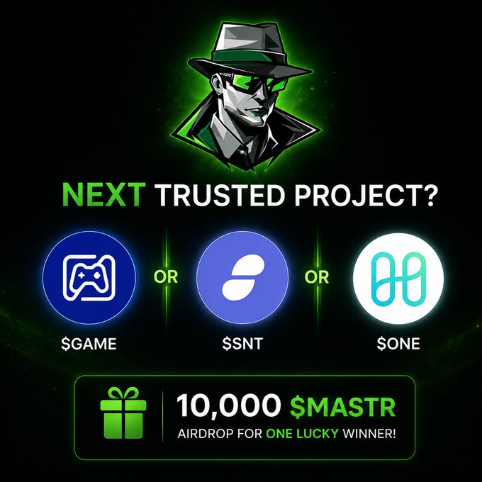 A promotional graphic asks 'NEXT TRUSTED PROJECT?' with three cryptocurrency options ($GAME, $SNT, $ONE) and advertises a '10,000 $MASTR AIRDROP FOR ONE LUCKY WINNER!'