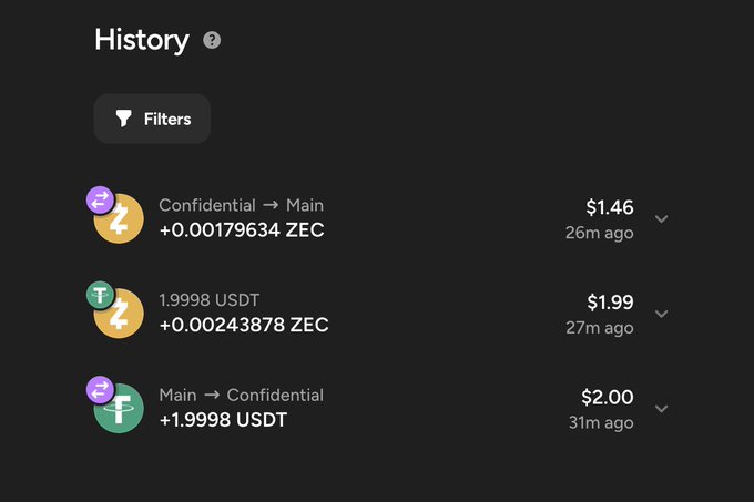 A cryptocurrency transaction history screen showing exchanges between 'Confidential' and 'Main' wallets involving ZEC and USDT tokens, with recent transactions ranging from $1.46 to $2.00.