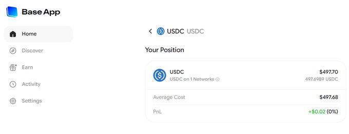 A screenshot of the Base App showing a USDC position of 497.70 USDC (497.6989 USDC) with an average cost of $497.68 and a PnL of +$0.02 (0%), illustrating a user's stablecoin holdings on the Base platform in the context of discussions about a potential Base ($BASE) airdrop.