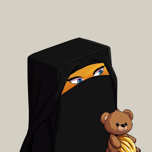 A digital illustration of a figure in a black niqab with striking blue eyes, holding a small brown teddy bear eating a banana.