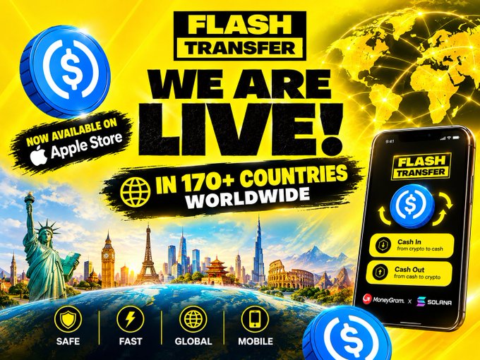 A promotional advertisement for the 'FLASH TRANSFER' app, declaring 'WE ARE LIVE!' and 'IN 170+ COUNTRIES WORLDWIDE', featuring app screenshots for 'Cash In' and 'Cash Out', and highlighting features like 'SAFE', 'FAST', 'GLOBAL', and 'MOBILE'.