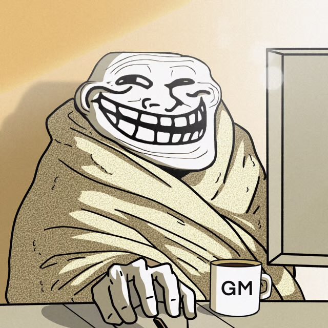 A "troll" meme figure wrapped in a blanket sits at a computer holding a mug labeled "GM," smirking mischievously—visually representing the post's playful reminder to "trade less, troll more" during a big market week.