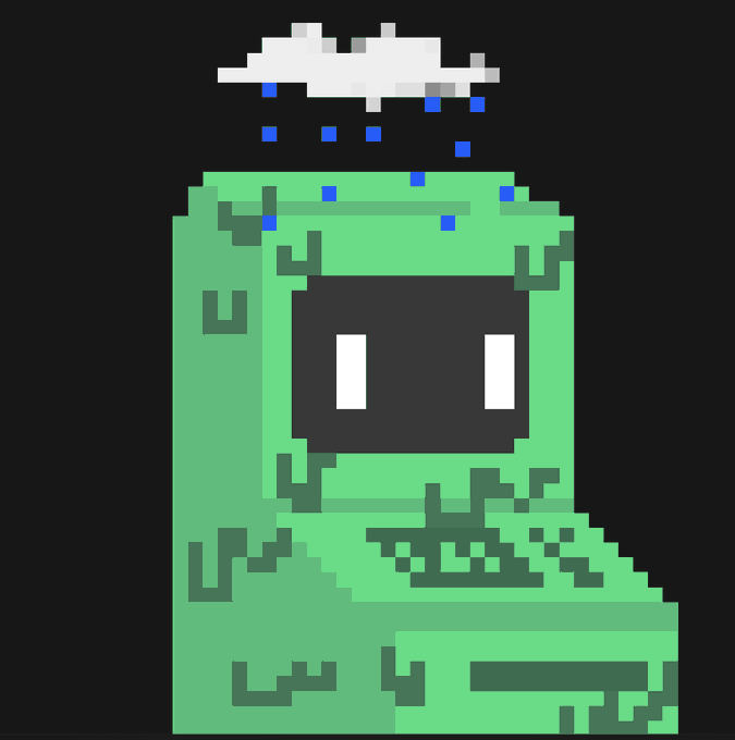 A pixel art illustration of a green robot or computer terminal character with a white screen face, topped by a white cloud raining blue pixels on a black background.