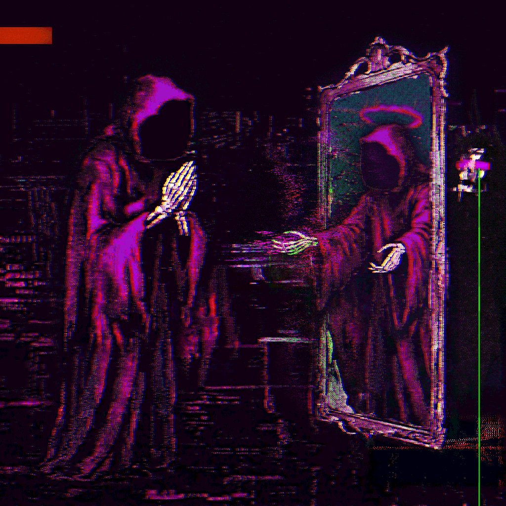 The image features a purple-hued skeleton figure standing next to its reflection in a mirror, with both figures appearing as if they are looking at each other. The background of the image is dark, which further emphasizes the stark contrast between the skeleton's purple hue and the green light from the mirror. The post "gm Happy TezosTuesday" seems to be related to this image, possibly indicating that it was posted on a social media platform or website named "Happy Tezotalks".
