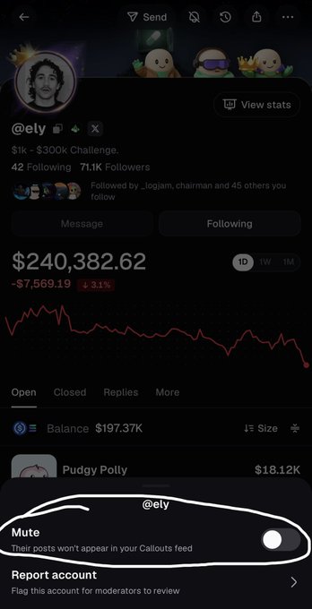 A trader has muted user "@ely," who has a $240,382.62 portfolio (down $7,569.19 or 3.1%). The screenshot highlights the Callouts app's mute feature, illustrating how traders can reduce distractions and noise to trade more effectively.