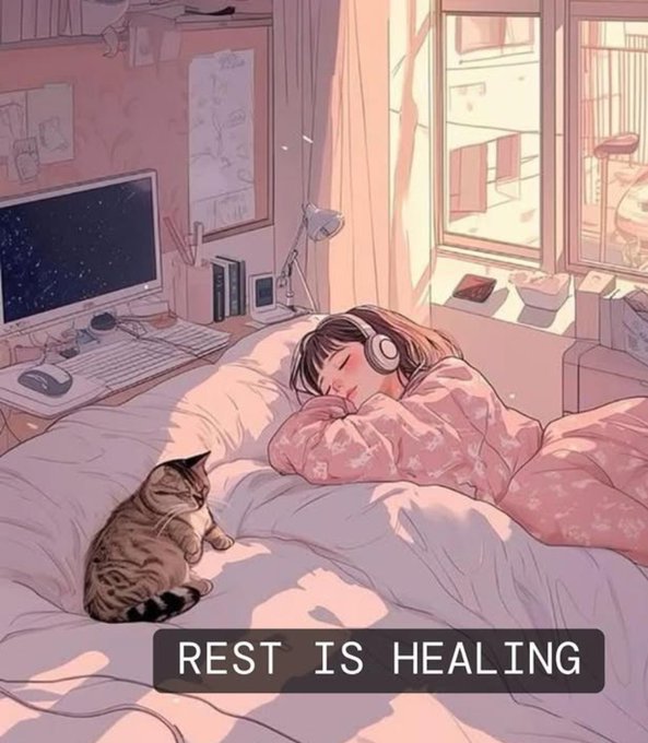 An illustration of a girl sleeping peacefully in bed with a cat nearby, featuring the text 'REST IS HEALING'.