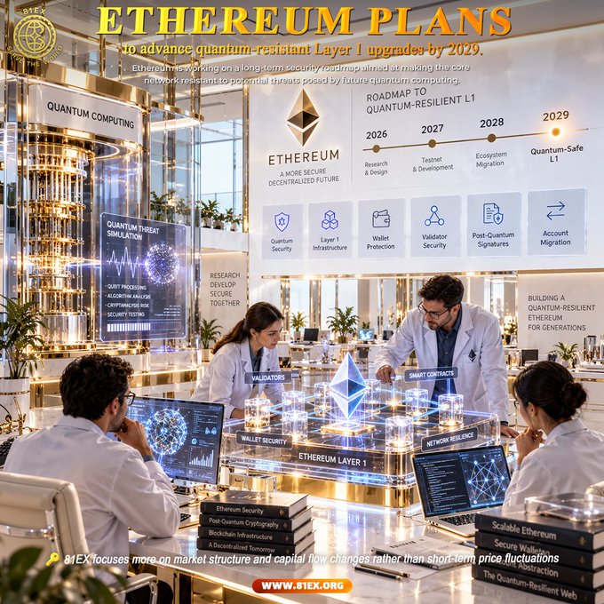A high-tech laboratory with researchers in white coats analyzing holographic displays of the Ethereum logo, highlighting the network's quantum-resistant Layer 1 roadmap targeting a 2029 "Quantum-Safe L1" milestone. Visible text includes "ETHEREUM PLANS to advance quantum-resistant Layer 1 upgrades by 2029," "81EX focuses more on market structure and capital flow changes rather than short-term price fluctuations," and the URL "www.81EX.org," connecting the visual to the post's emphasis on Ethereum's security upgrades and 81EX's focus on long-term blockchain infrastructure.