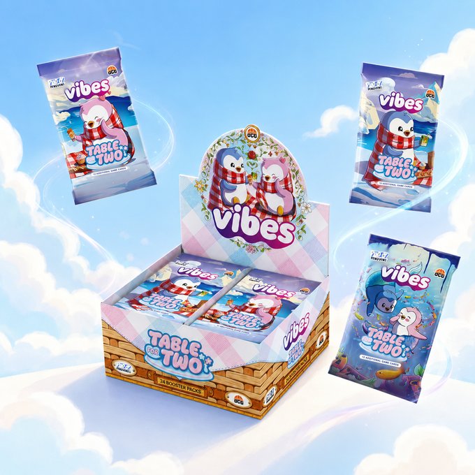 A product display box for 'UCL Vibes Table Two' trading card booster packs, featuring penguin characters in striped scarves, with individual booster packs shown floating around the display.