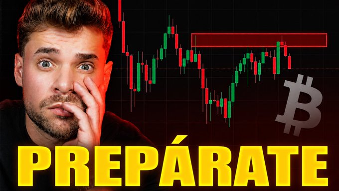 A surprised-looking man covers his mouth next to a Bitcoin candlestick chart highlighting a key resistance level, with the bold Spanish text "PREPÁRATE" ("Get Ready") at the bottom—visually reinforcing the post's warning that a major Bitcoin breakout is imminent, which could trigger bullish altcoin rotation as signaled by USDT dominance.