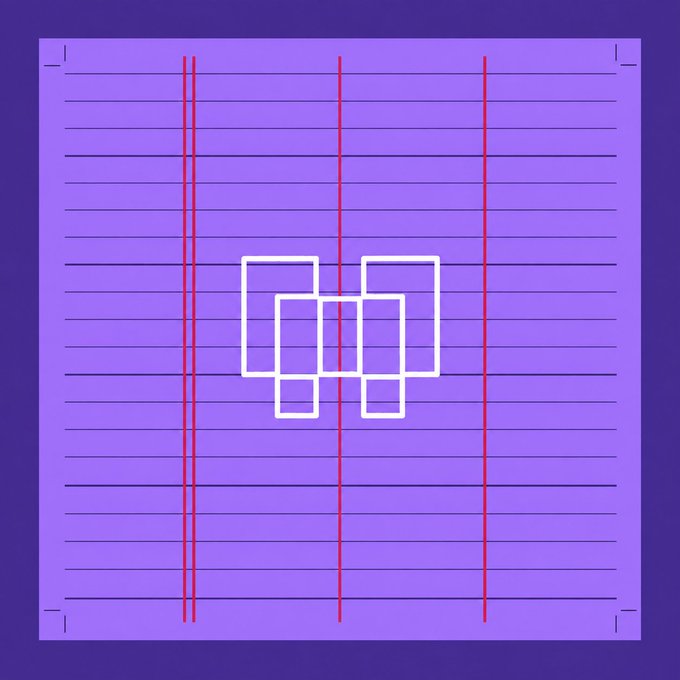 A purple graphic design featuring a grid pattern with red vertical lines and a central geometric logo made of interlocking white squares.