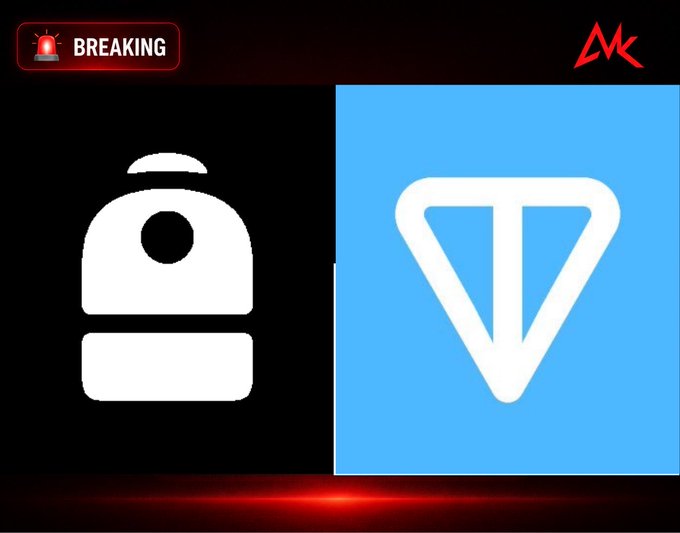 A 'BREAKING' news graphic features a white backpack icon next to the blue and white Toncoin (TON) logo on a dark background.