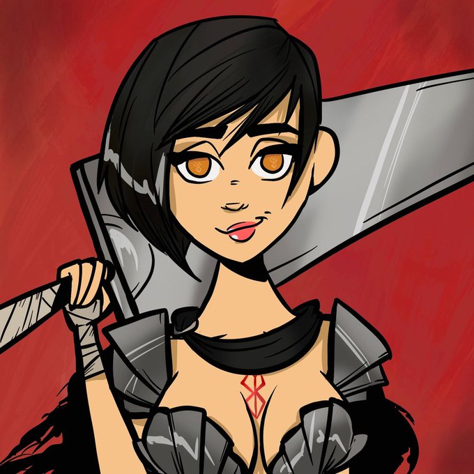 A 2D anime-style illustration of a dark-haired woman with orange eyes wearing dark armor, winking with her tongue out, and holding a large sword against a red background.