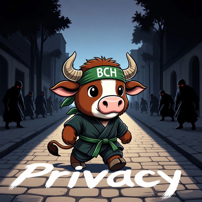 A cartoon cow ninja wearing a green BCH headband strides down a dark alley, flanked by ominous figures with red eyes, while the word “Privacy” is displayed at the bottom. The scene visually underscores Bitcoin Cash’s push for stealthier, more private transactions.