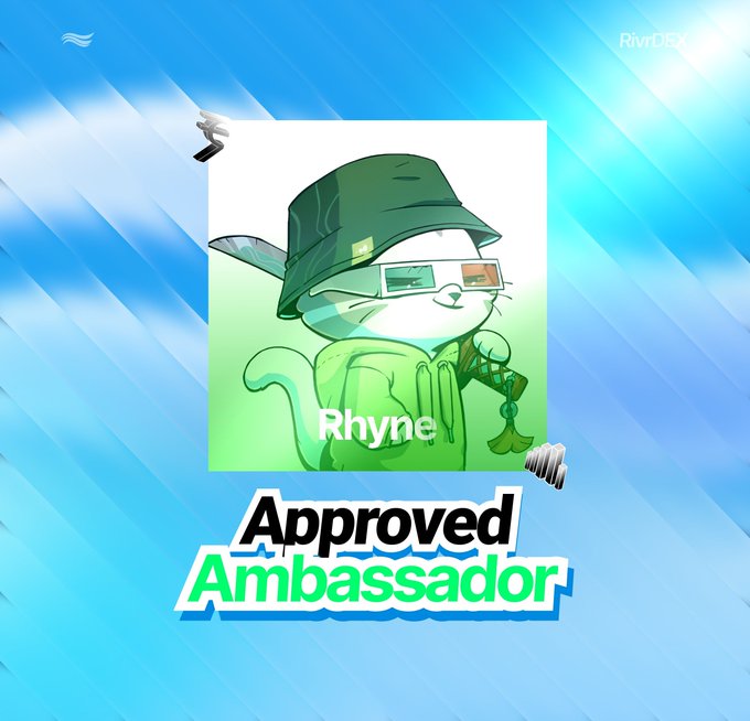 A digital illustration of a green cartoon cat character wearing a bucket hat and 3D glasses, labeled "Rhyne" as an "Approved Ambassador" against a blue background.