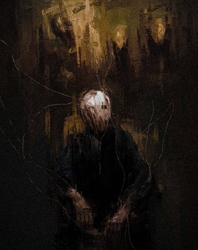 A dark, eerie painting depicts a figure wearing a mask with a single eye-hole, seated in a shadowed environment.