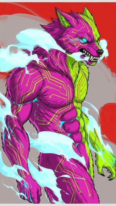 A muscular wolf-like figure is split down the middle with magenta on one side and lime green on the other, overlaid with yellow circuit patterns, set against a red background with swirling white clouds.