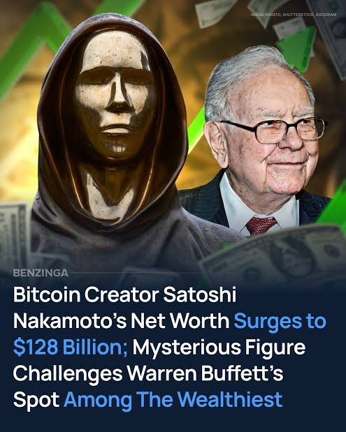 A Benzinga news article graphic featuring a statue alongside an image of Warren Buffett, with the headline 'Bitcoin Creator Satoshi Nakamoto's Net Worth Surges to $128 Billion; Mysterious Figure Challenges Warren Buffett's Spot Among The Wealthiest'.