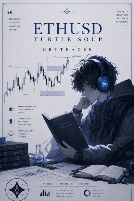 The image features a man wearing headphones, sitting at a desk with a book open in front of him. He appears to be reading or studying something, possibly related to cryptocurrency trading. The background includes a graph that shows the price of EthUSD over time. The text on the poster reads "ETHUSD Turtle Soup", which is likely an advertisement for a cryptocurrency exchange service named EthUSDT.