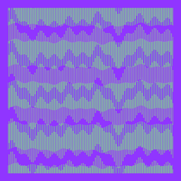 A purple and light blue pixelated digital graphic featuring zigzag and waveform patterns arranged in horizontal rows.