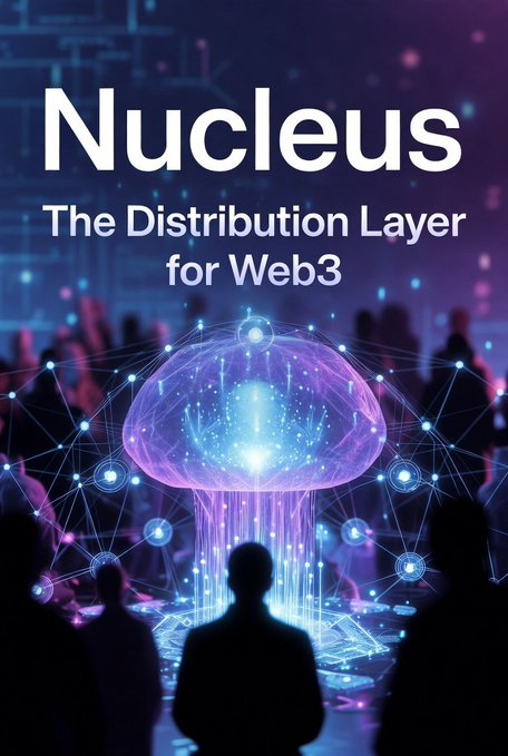 The image is a stylized promotional graphic featuring a glowing purple jellyfish made of light, surrounded by silhouettes of people, with bold text reading "Nucleus" and the tagline "The Distribution Layer for Web3." It relates to the post by visually tying into the @NucleusCodes campaign promoting Aura Farming Season 2, which rewards users for meaningful engagement and reputation-building within the Web3 ecosystem.