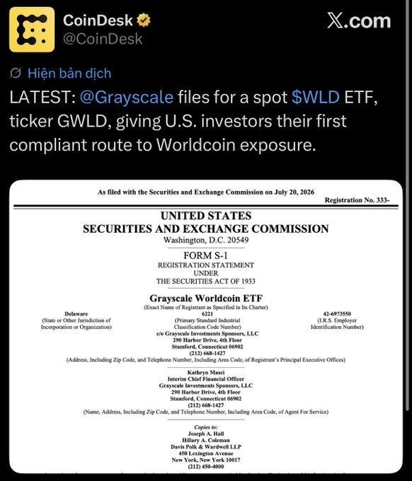 A CoinDesk post reports Grayscale filed for a spot WLD ETF (ticker GWLD) on July 20, 2026 (Registration No. 333-), shown via an SEC Form S-1 filed in Delaware for Grayscale Investments Sponsors, LLC, with I.R.S. EIN 42-6973550.