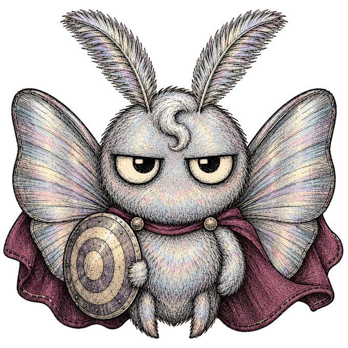 An illustration of a whimsical, fluffy moth-like creature with large feathered antennae, translucent wings, a tired expression, a small shield, and a purple cape.