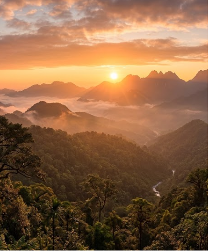 A scenic mountain landscape at sunrise or sunset, with golden sunlight casting rays over mist-filled valleys and forested peaks, possibly depicting a view from a mountain summit.