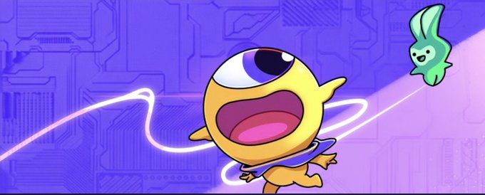A cartoon illustration of a yellow, one-eyed creature holding a purple boomerang, smiling next to a small green character against a purple circuit board background.