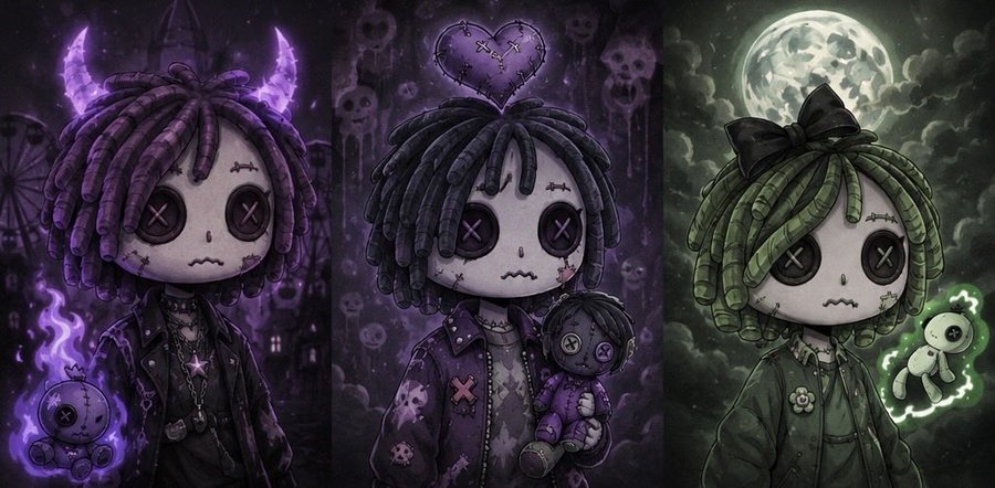 A dark, gothic artwork featuring three sad doll-like figures with stitched faces and "X" eyes, rendered in purple, gray, and green tones, with one holding a small teddy bear.