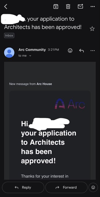 The image shows a message from an architect, who has been approved for a job at the Arc House. The message includes a link to the application process, which can be found below the image of the architect's application.