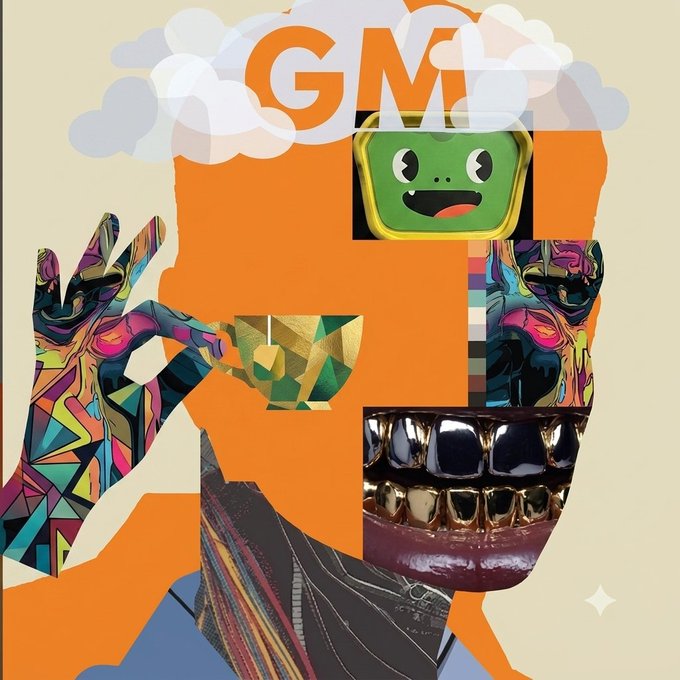 A vibrant, surreal collage featuring colorful patterned hands, metallic gold grills, a geometric low-poly face, and a green cartoon character in a speech bubble next to orange 'GM' text.
