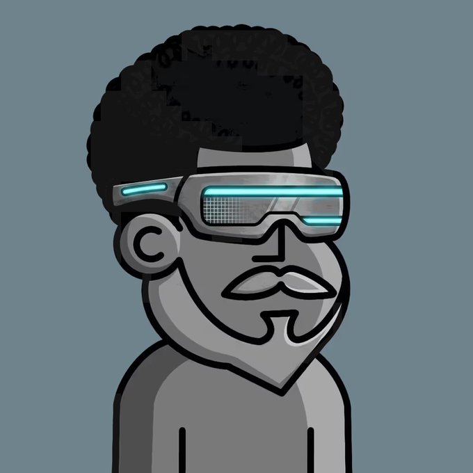 A stylized cartoon illustration of a person with a black afro wearing futuristic cyan/teal LED visor goggles, rendered in a metallic silver/gray color scheme against a blue-gray background, with a copyright '©' symbol on the ear.