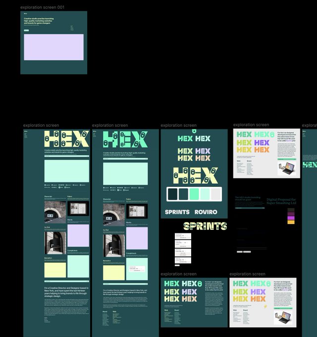Multiple digital design exploration screens for 'Sprints' featuring 'HEX HEX' typography and a ROVIRO typewriter layout.