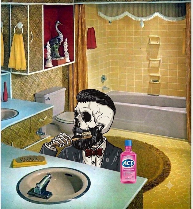 An illustrated skull-faced gentleman with a beard in a suit brushing his teeth in a vintage yellow-tiled bathroom, with a pink bottle of ACT bubble gum flavored mouthwash on the counter.